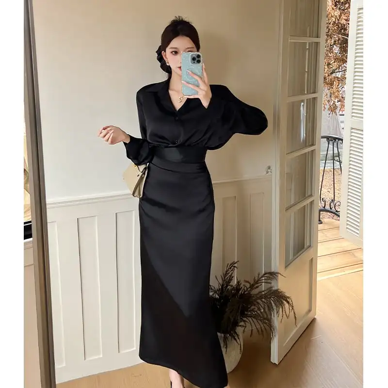 セットアップ シャツ+スカート 無地 フェミニン ブラック