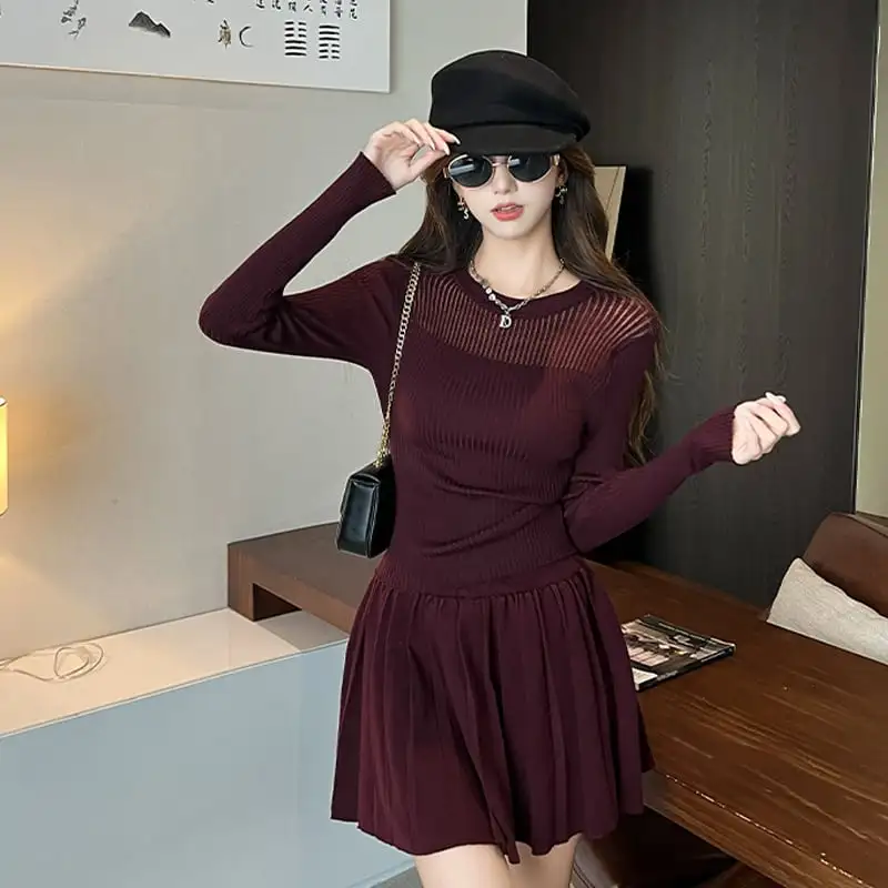 セットアップ トップス+スカート 無地 ニット ワインレッド グレー ブラック