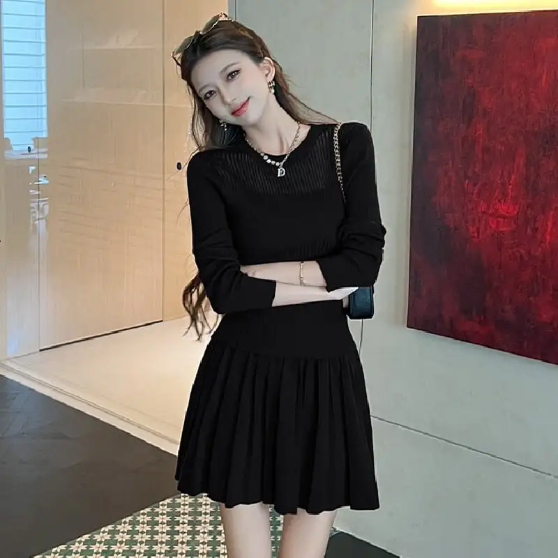 セットアップ トップス+スカート 無地 ニット ワインレッド グレー ブラック