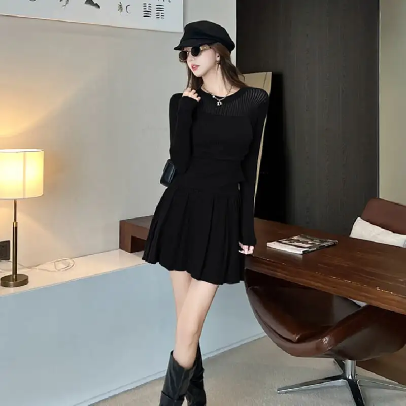 セットアップ トップス+スカート 無地 ニット ワインレッド グレー ブラック