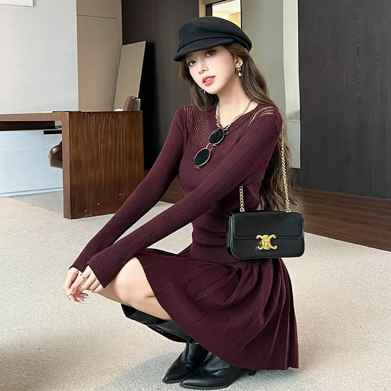 セットアップ トップス+スカート 無地 ニット ワインレッド グレー ブラック