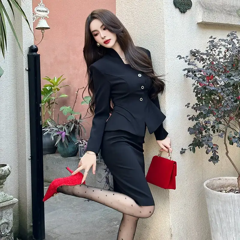 セットアップ OL/通勤 ビジネス アウター+スカート ブラック