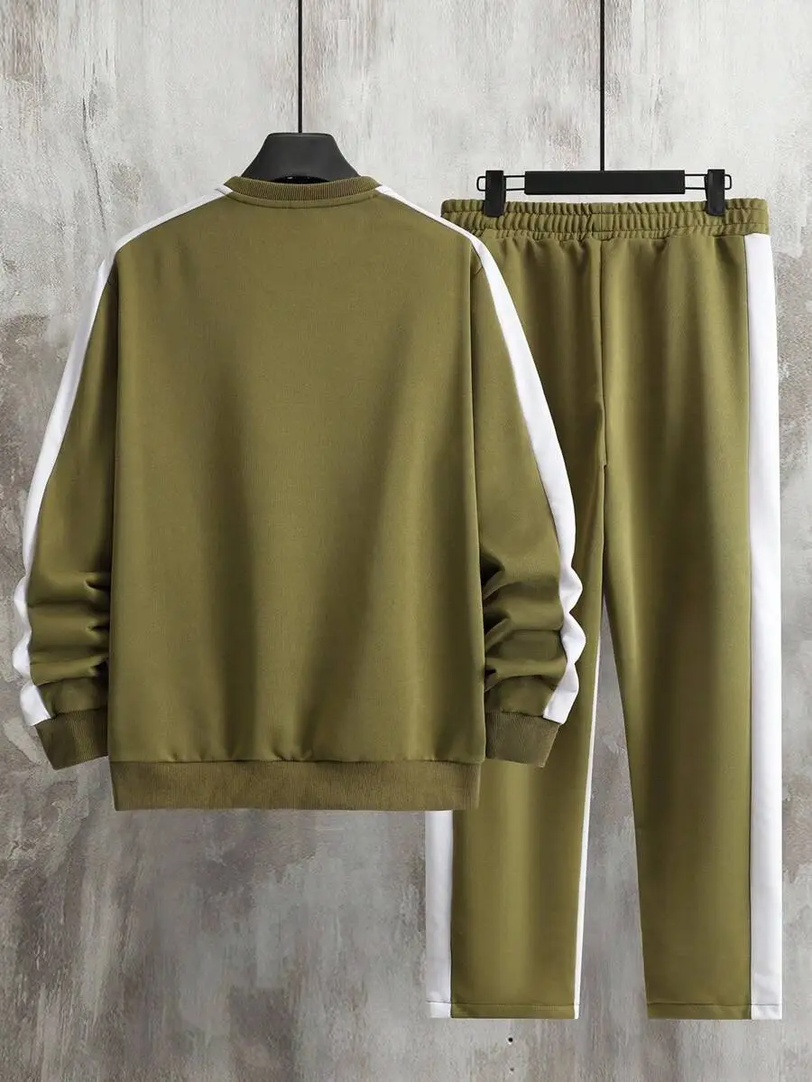 コントラストカラー ラウンドネック 長袖 ポケット付きスウェットシャツ　スウェットパンツ カジュアルスーツ 2点セット