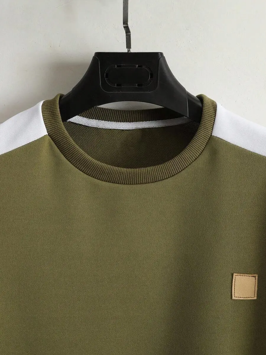 コントラストカラー ラウンドネック 長袖 ポケット付きスウェットシャツ　スウェットパンツ カジュアルスーツ 2点セット