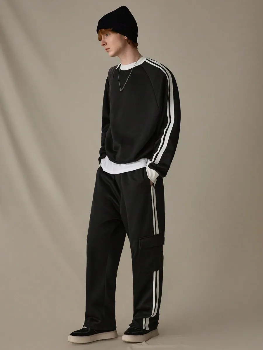 メンズ ニット カジュアル ルーズ フィット 長袖 スウェットシャツ ストレートレッグパンツ セットアップ