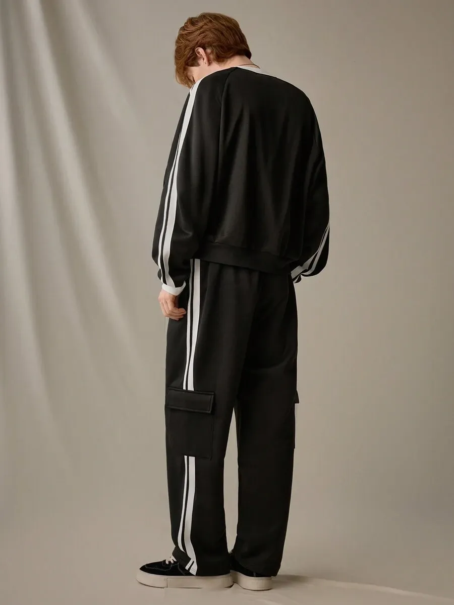 メンズ ニット カジュアル ルーズ フィット 長袖 スウェットシャツ ストレートレッグパンツ セットアップ