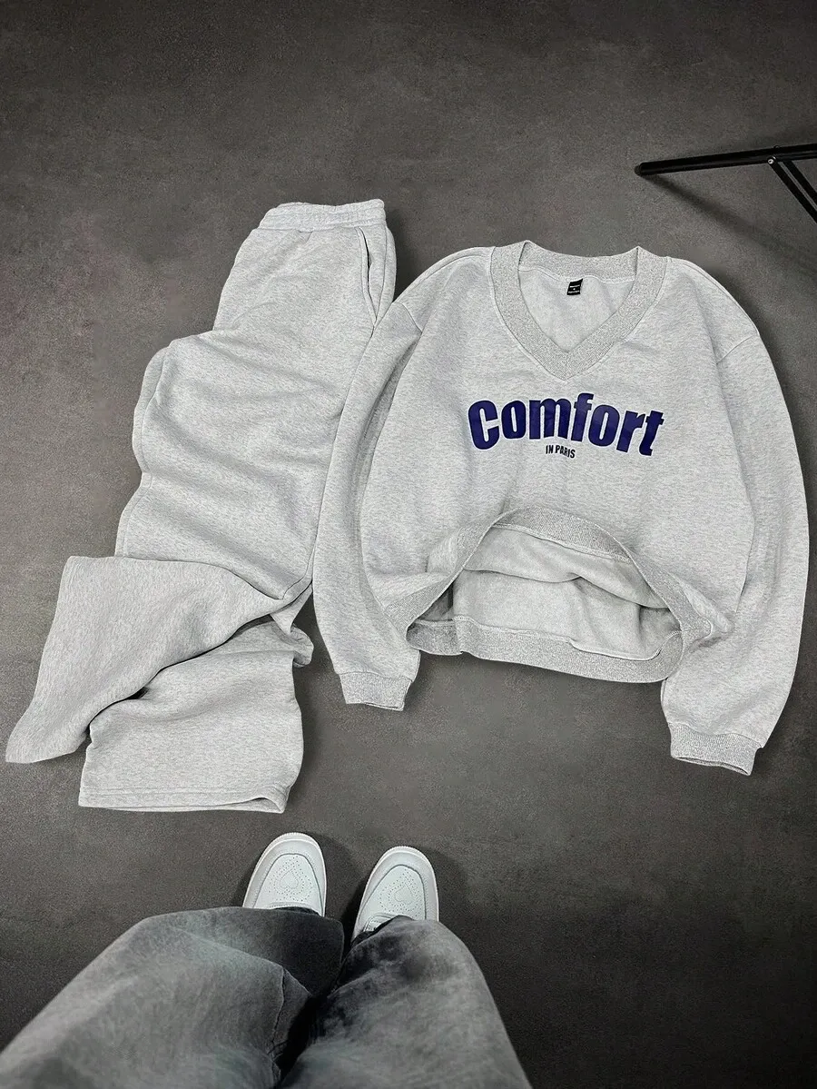 メンズ カジュアル Vネック ロング スリーブ スウェットシャツ スポーツパンツ セット