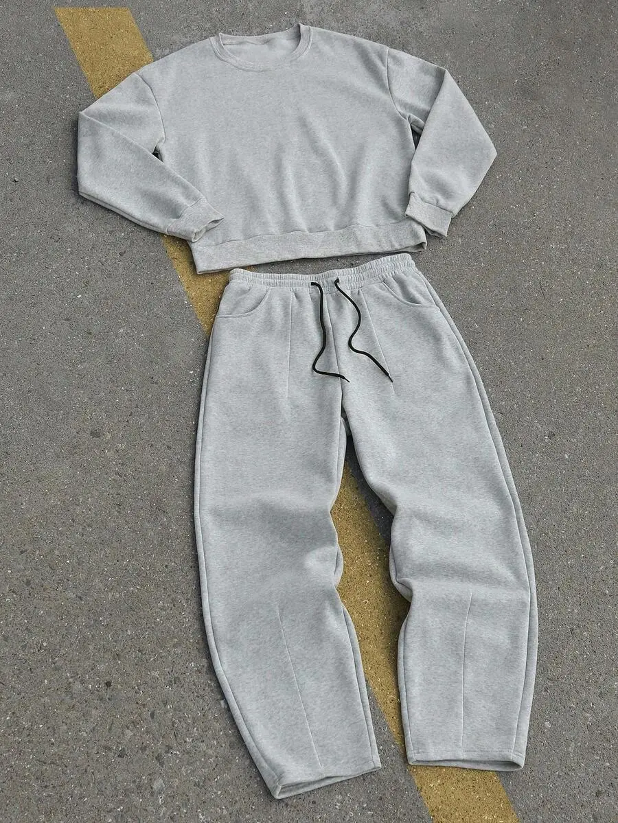 メンズ 無地 クルーネック 長袖 カジュアル スウェットシャツ  スウェットパンツ セット