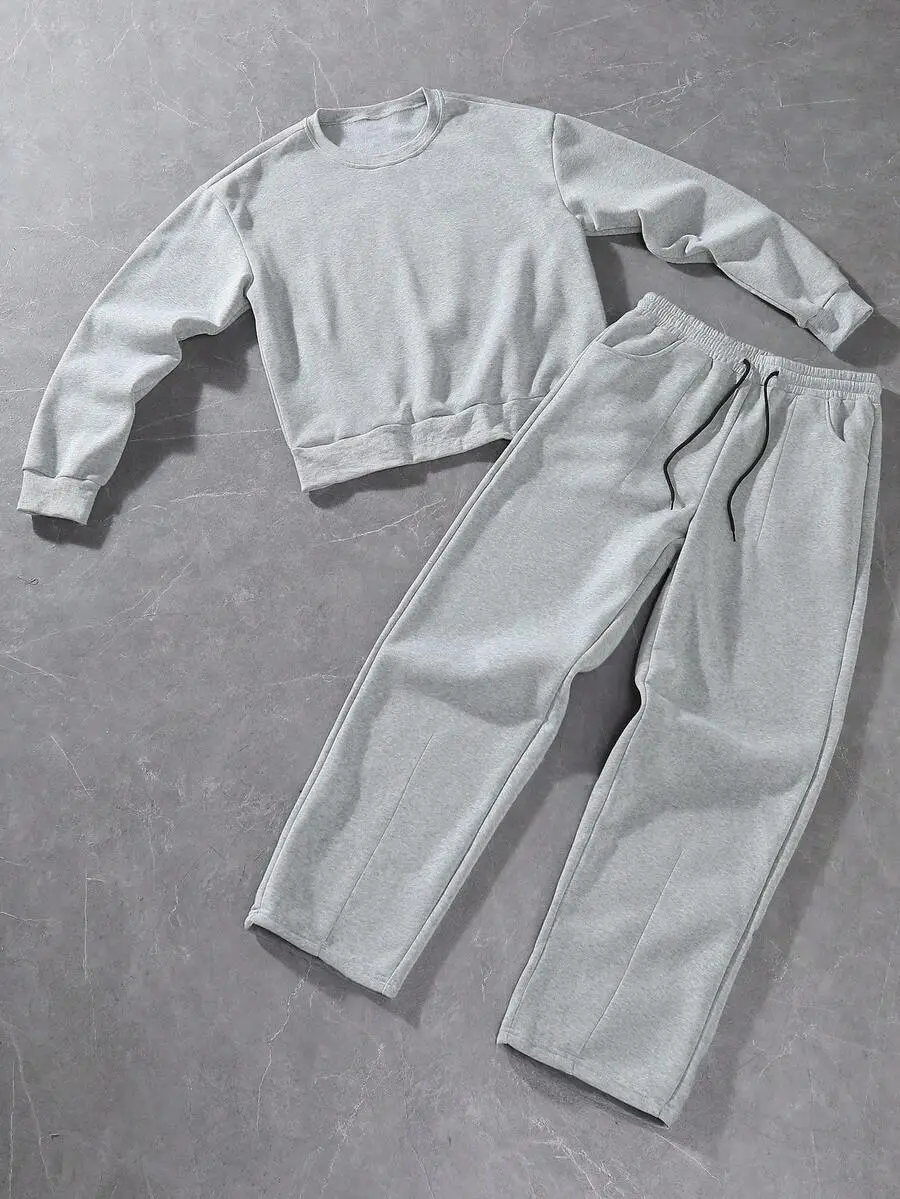 メンズ 無地 クルーネック 長袖 カジュアル スウェットシャツ  スウェットパンツ セット