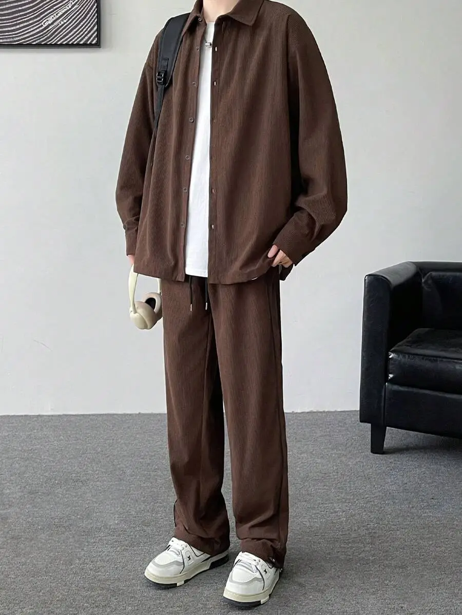 メンズカジュアル 無地 ルーズシャツ&パンツ セット、外出やシーズンに適しています
