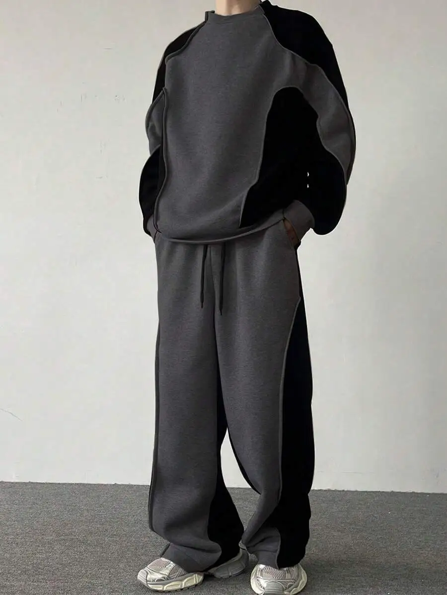 メンズ クルーネック 長袖 カジュアル スウェットシャツ スウェットパンツ ルーズフィット セット