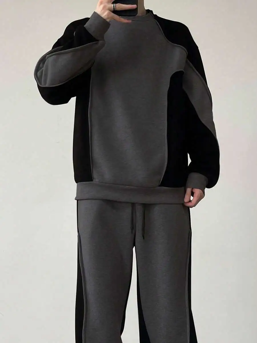 メンズ クルーネック 長袖 カジュアル スウェットシャツ スウェットパンツ ルーズフィット セット