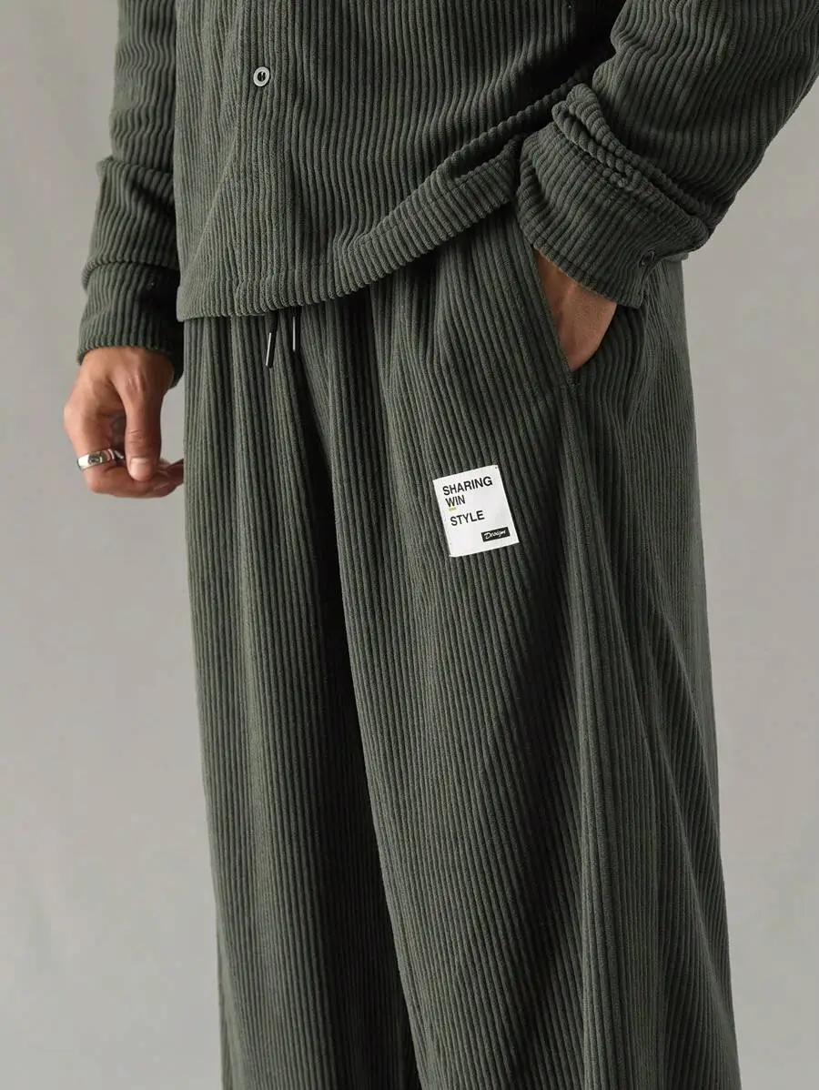 2点セット メンズ カジュアル ニットコーデュロイ 長袖シャツ ストレートレッグ パンツ