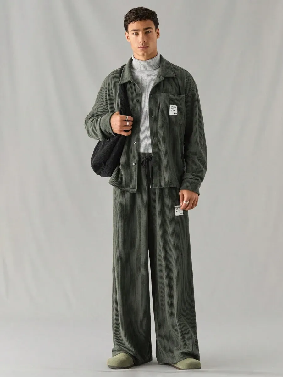 2点セット メンズ カジュアル ニットコーデュロイ 長袖シャツ ストレートレッグ パンツ