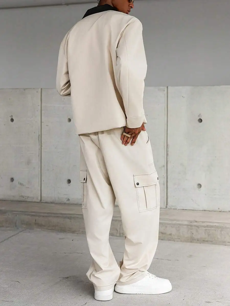 コントラストステッチ マルチポケット カーキ メンズ 長袖 ジャケット パンツセット