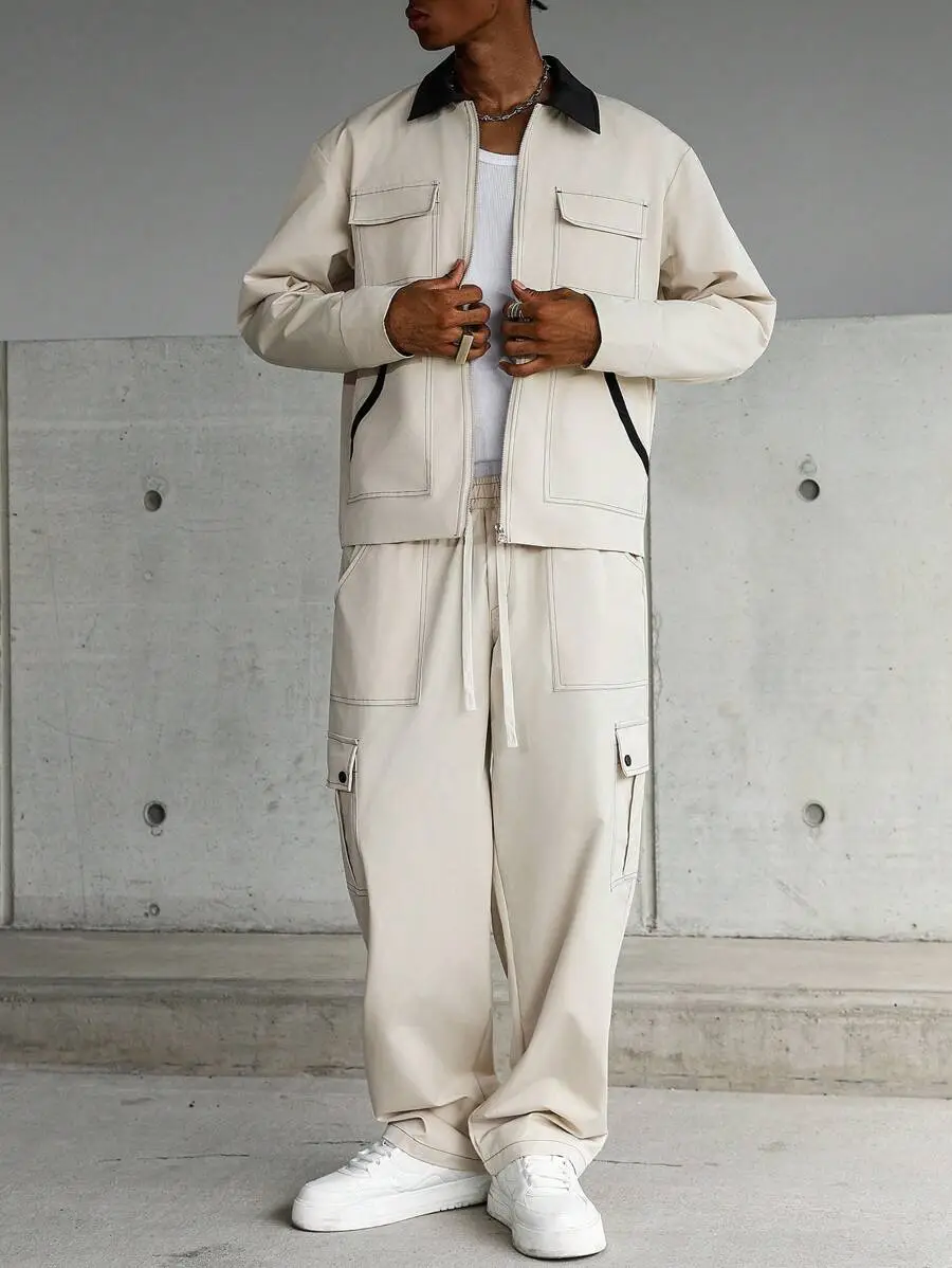 コントラストステッチ マルチポケット カーキ メンズ 長袖 ジャケット パンツセット