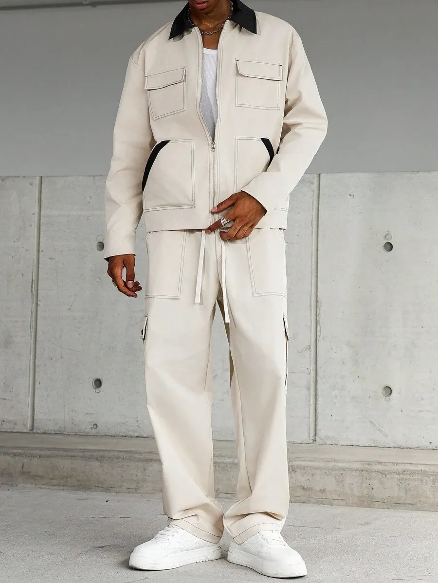 コントラストステッチ マルチポケット カーキ メンズ 長袖 ジャケット パンツセット