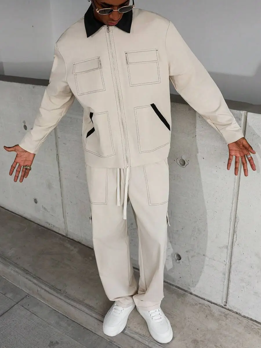 コントラストステッチ マルチポケット カーキ メンズ 長袖 ジャケット パンツセット