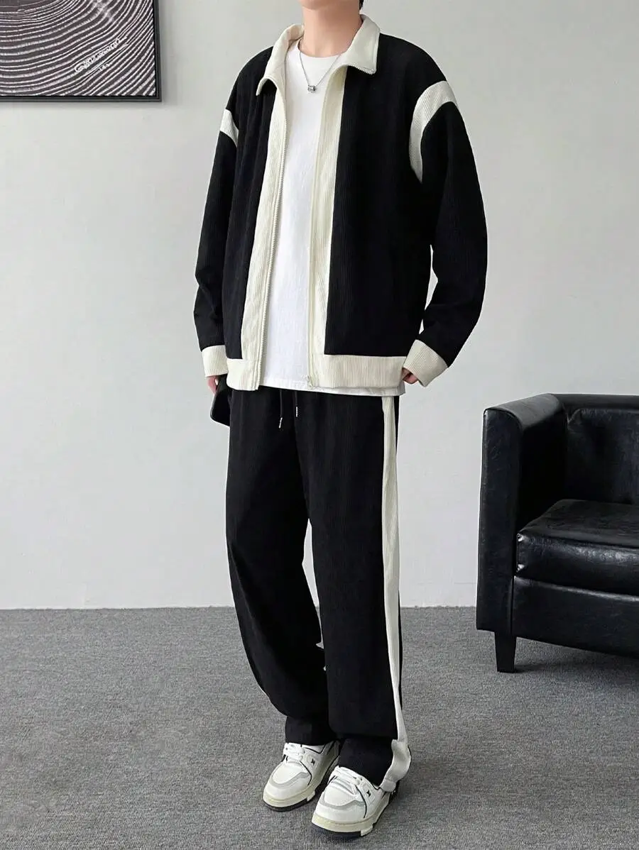 コントラストカラー ロングスリーブ ジップフロントカジュアルジャケット パンツ セット