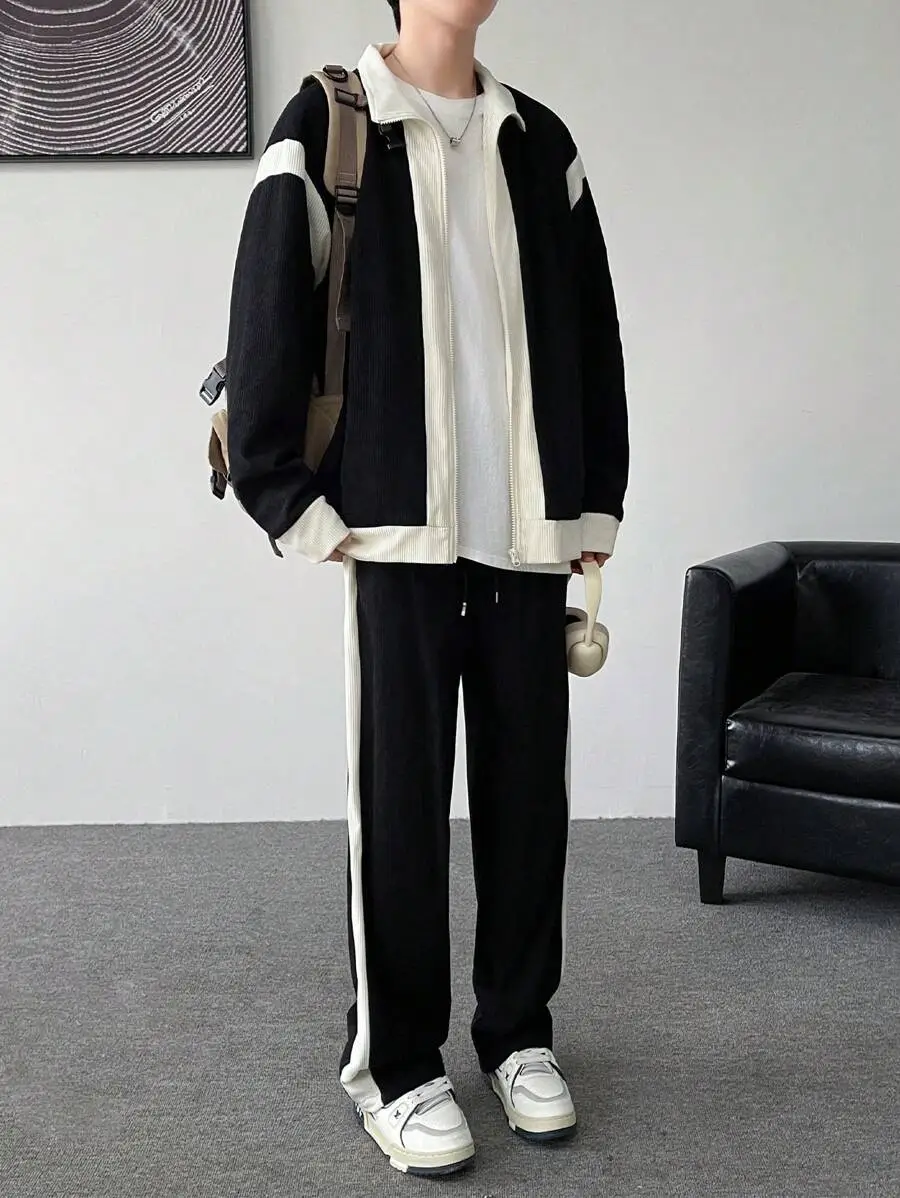 コントラストカラー ロングスリーブ ジップフロントカジュアルジャケット パンツ セット