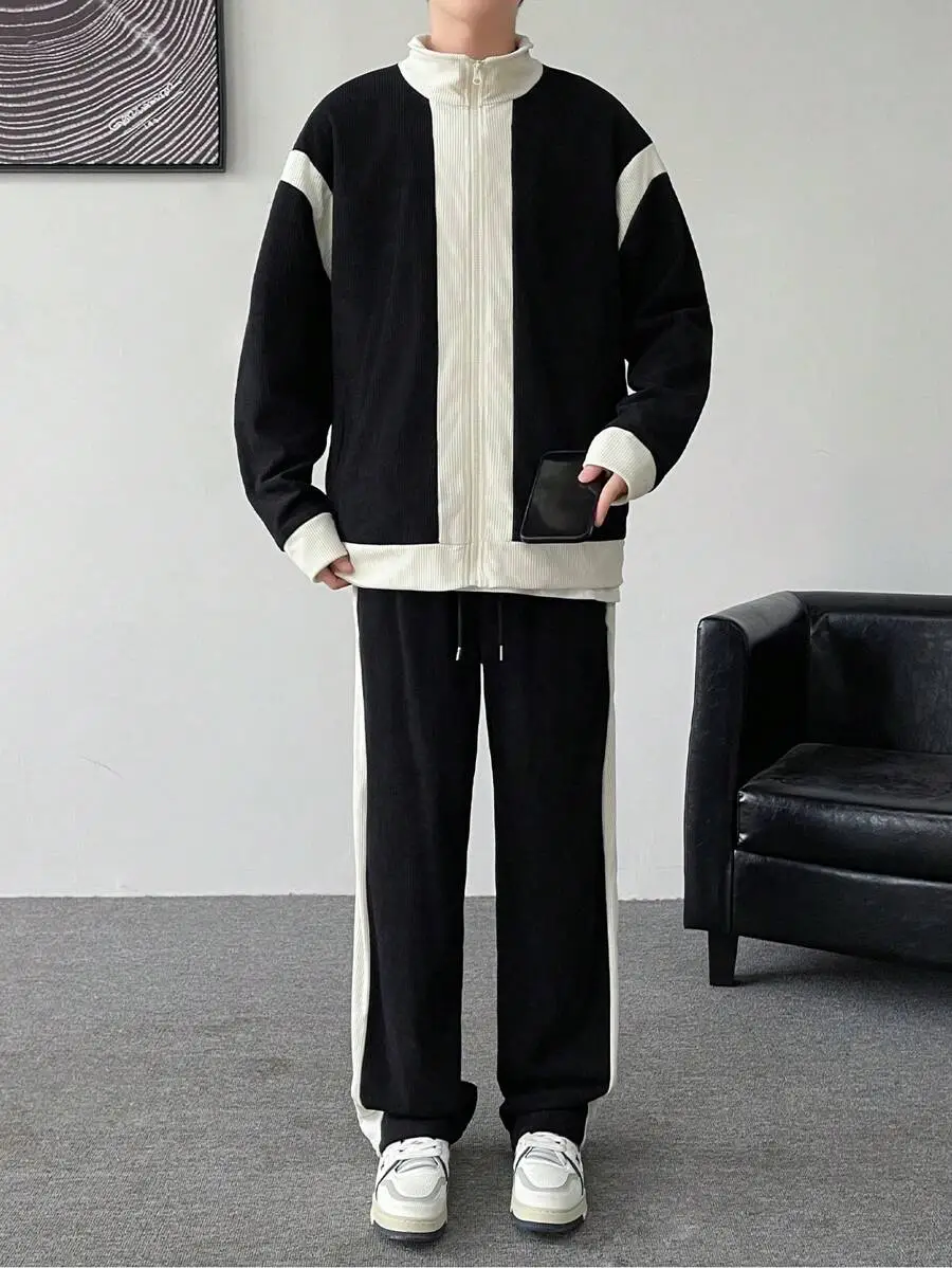 コントラストカラー ロングスリーブ ジップフロントカジュアルジャケット パンツ セット