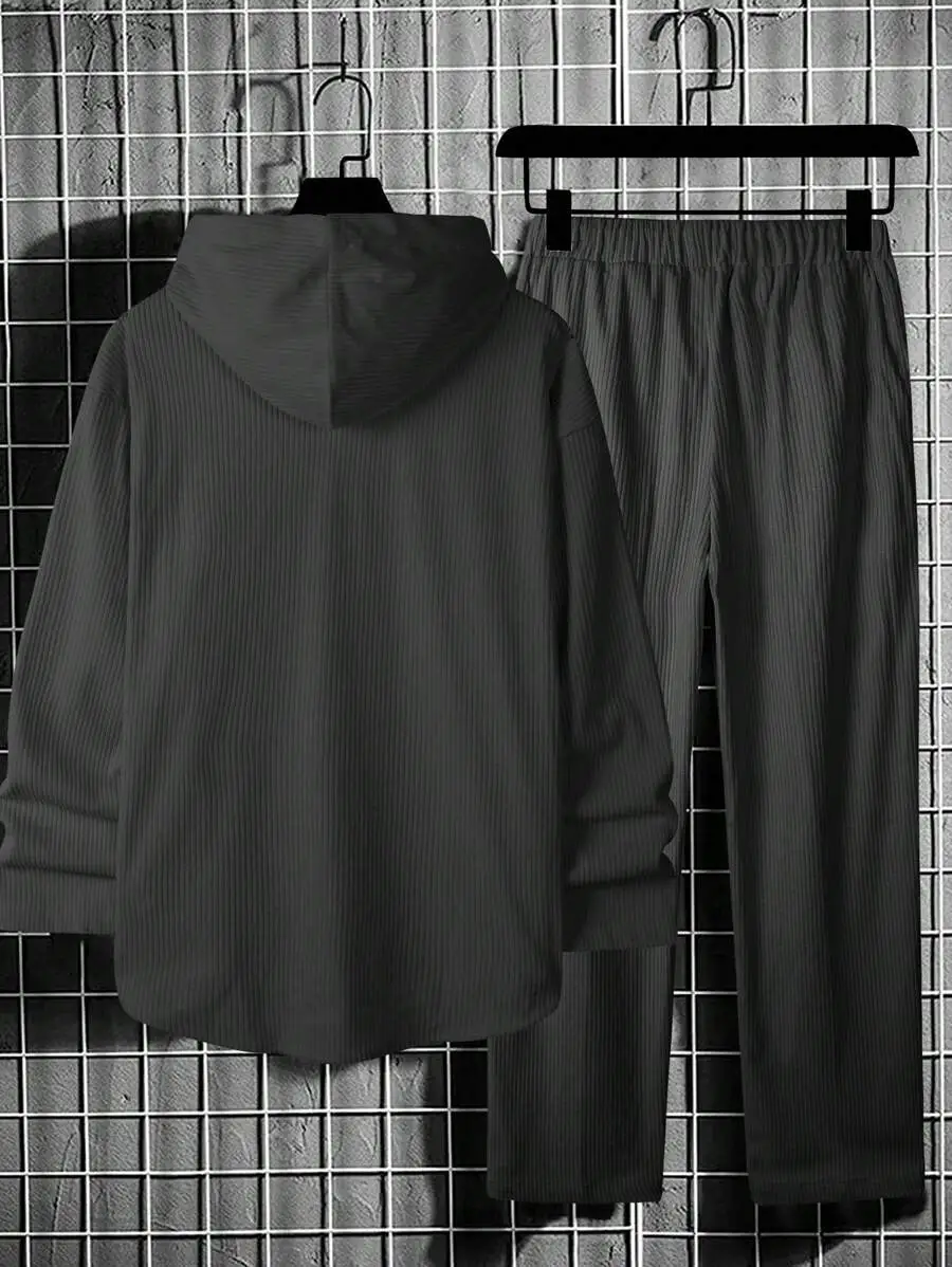 メンズ 秋 ルーズ フーデッド ドロップショルダー スウェットシャツ&パンツ セットアップ