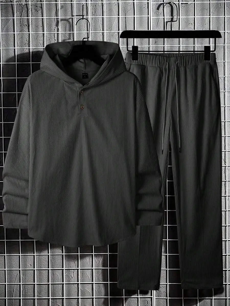 メンズ 秋 ルーズ フーデッド ドロップショルダー スウェットシャツ&パンツ セットアップ