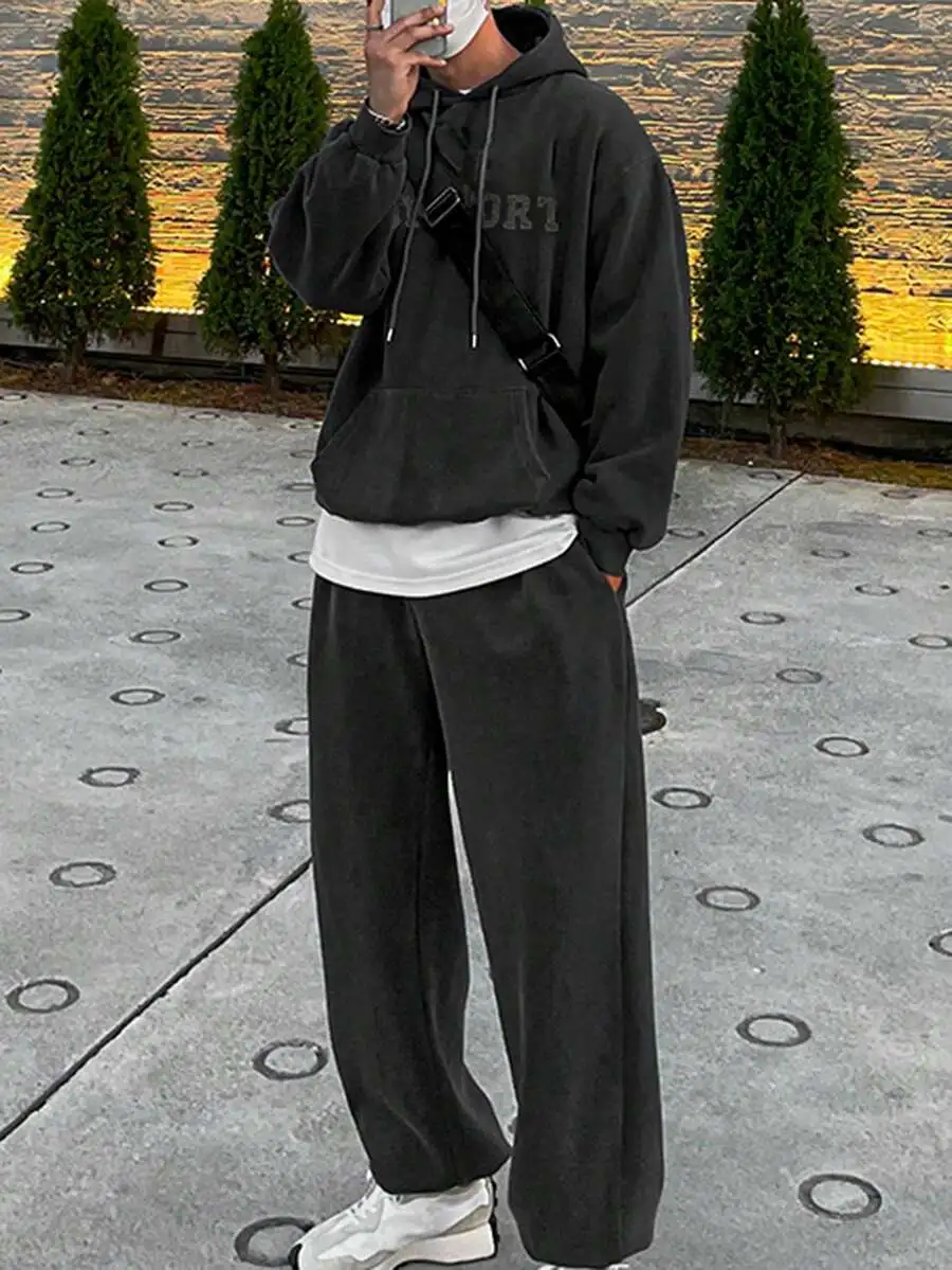 メンズ レター刺繍 パーカー セット ダークグレー