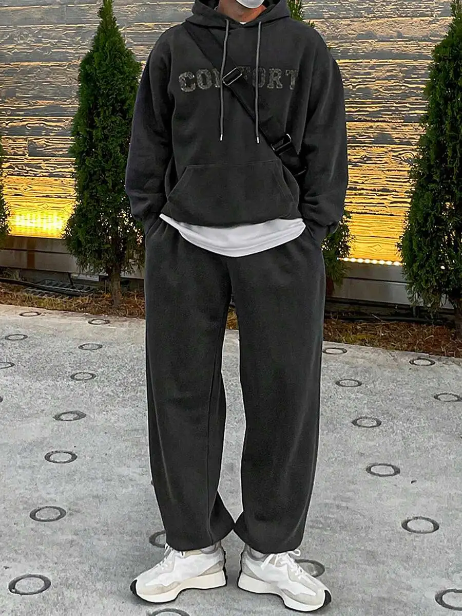 メンズ レター刺繍 パーカー セット ダークグレー