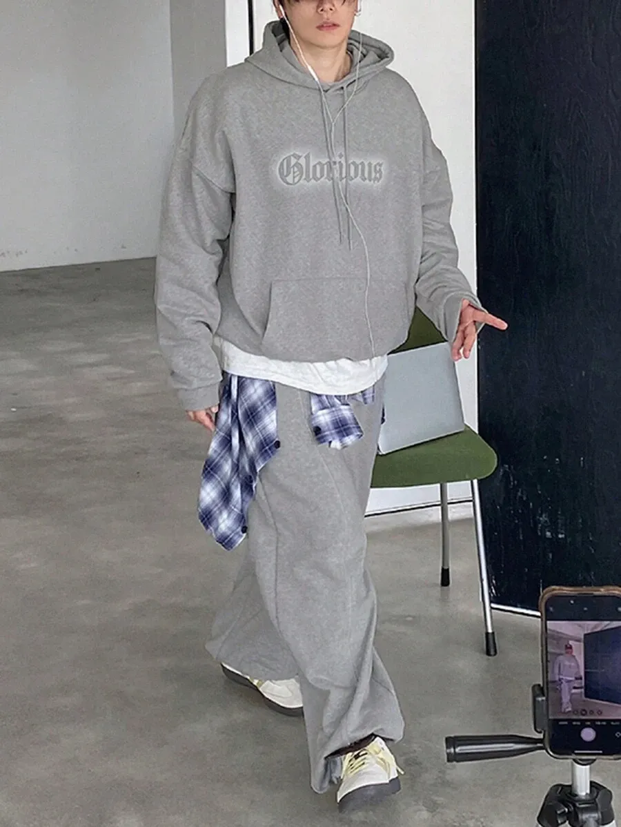 グレー レターグラフィック フリースパーカー  裏起毛 セット