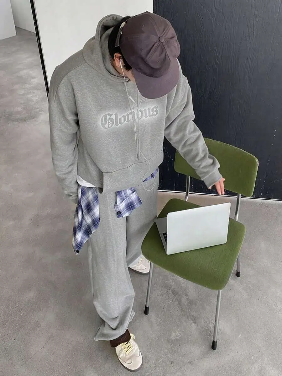 グレー レターグラフィック フリースパーカー  裏起毛 セット