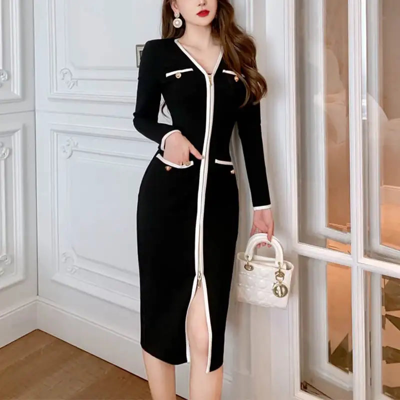 ワンピース OL/通勤 Vネック 優雅 ハイエンド ジッパー ブラック