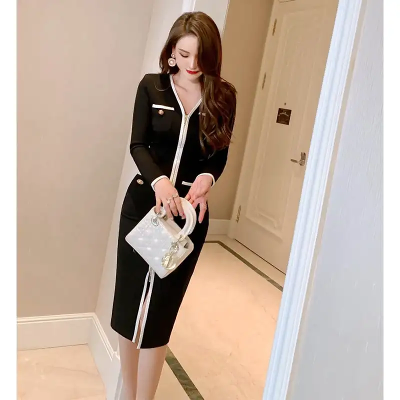 ワンピース OL/通勤 Vネック 優雅 ハイエンド ジッパー ブラック