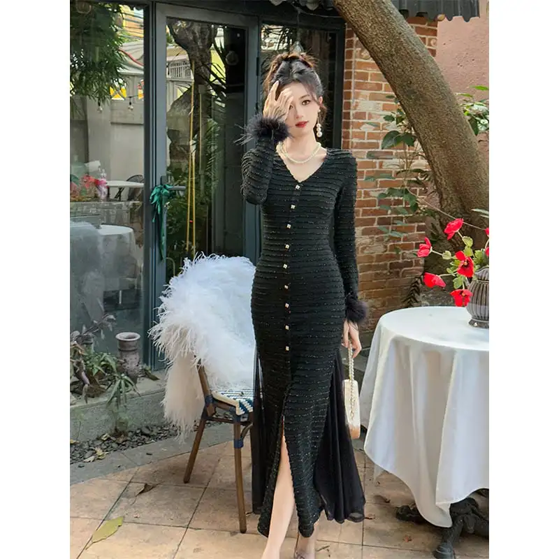 ワンピース 大人スタイル Vネック パーティー フィッシュテール 切り替え ブラック