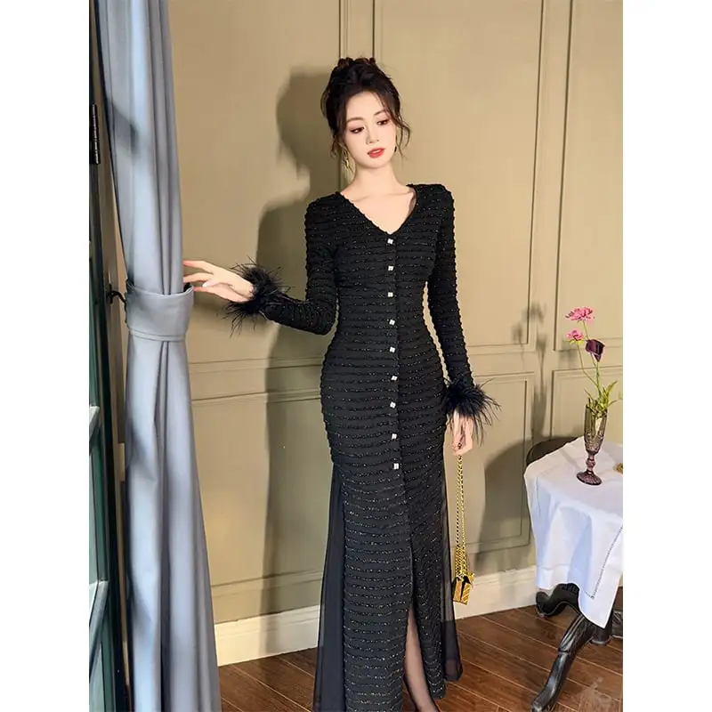 ワンピース 大人スタイル Vネック パーティー フィッシュテール 切り替え ブラック