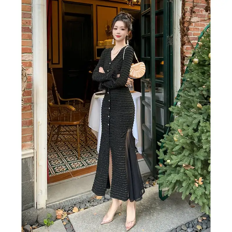 ワンピース 大人スタイル Vネック パーティー フィッシュテール 切り替え ブラック