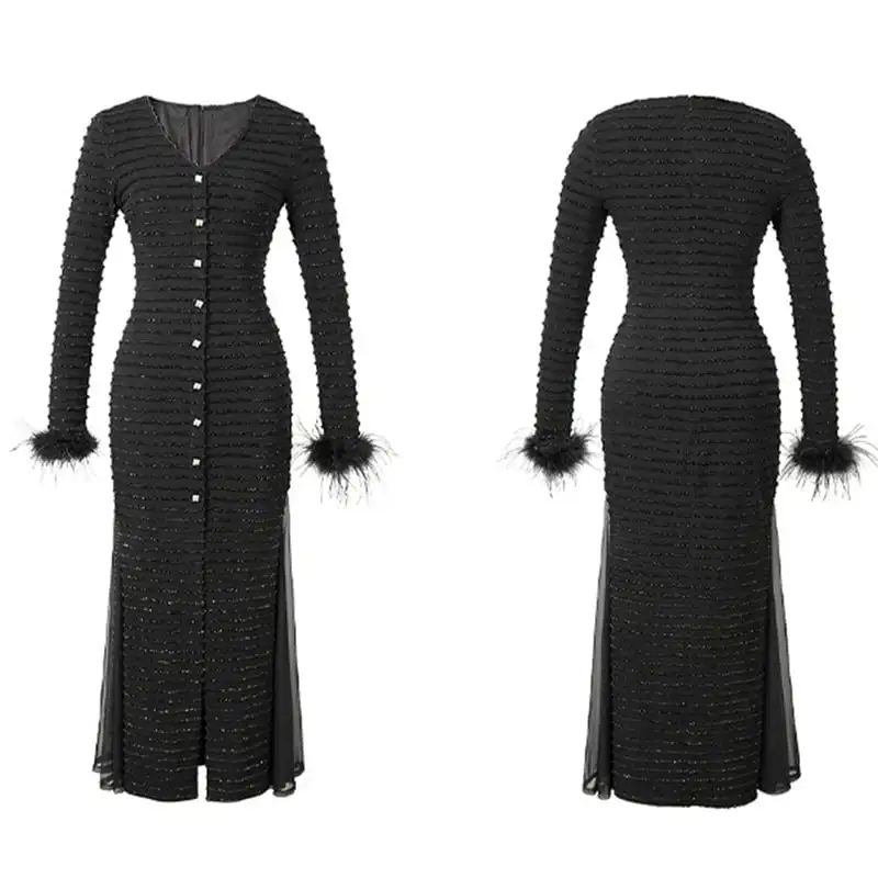 ワンピース 大人スタイル Vネック パーティー フィッシュテール 切り替え ブラック