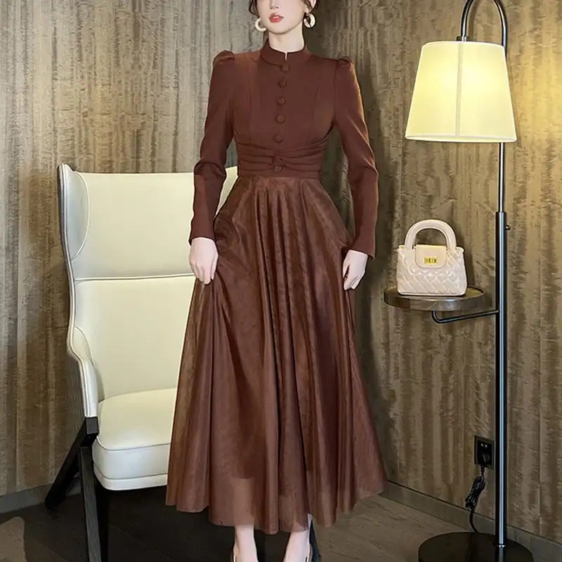 ワンピース レトロ メッシュ 長袖 ブラウン