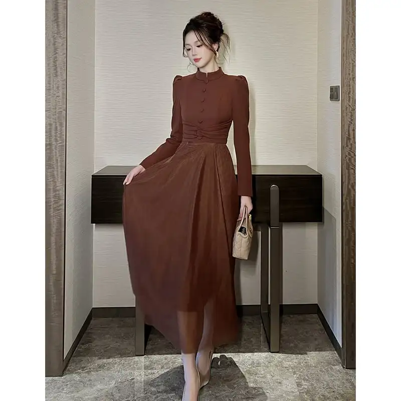 ワンピース レトロ メッシュ 長袖 ブラウン