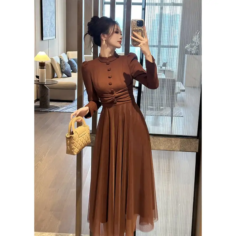 ワンピース レトロ メッシュ 長袖 ブラウン