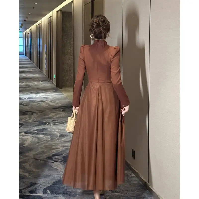 ワンピース レトロ メッシュ 長袖 ブラウン