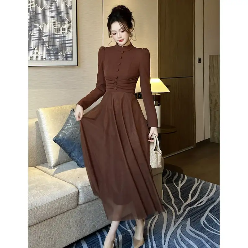 ワンピース レトロ メッシュ 長袖 ブラウン