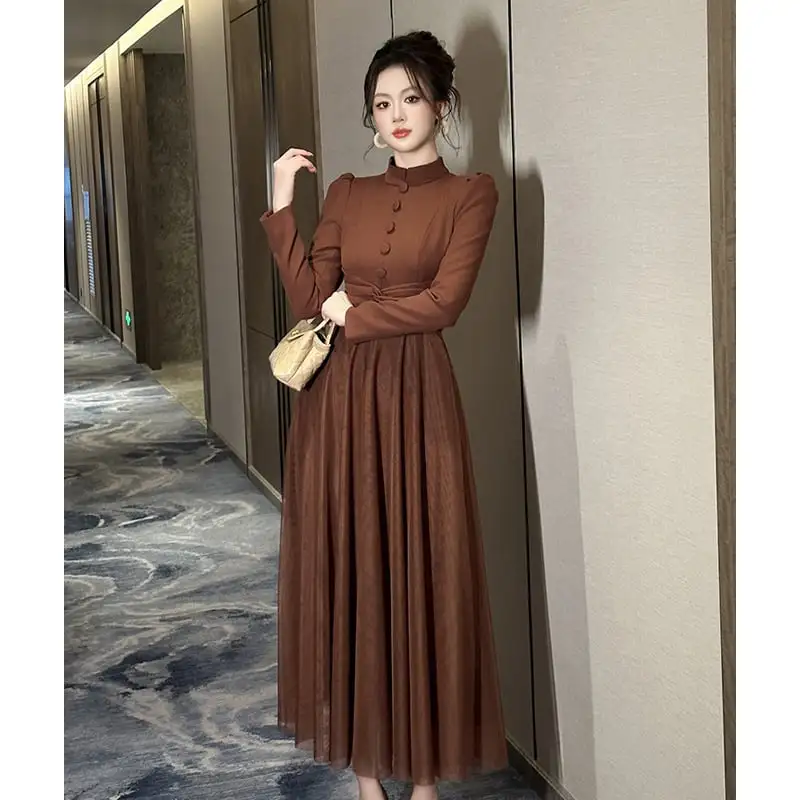 ワンピース レトロ メッシュ 長袖 ブラウン