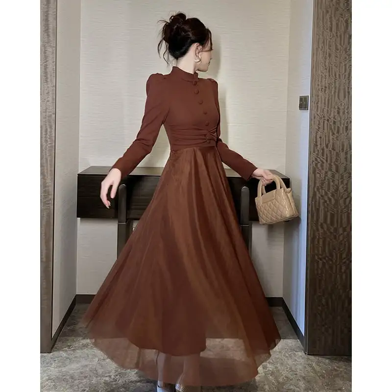 ワンピース レトロ メッシュ 長袖 ブラウン