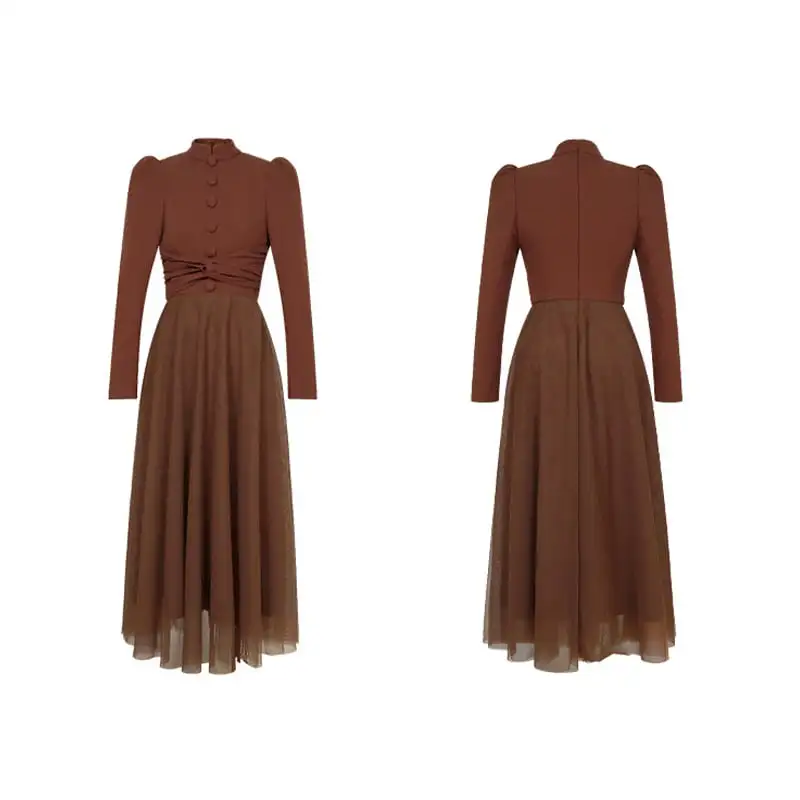 ワンピース レトロ メッシュ 長袖 ブラウン