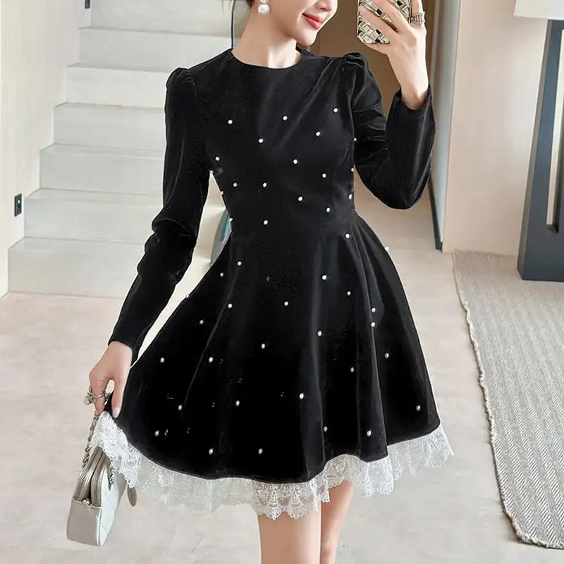 ワンピース ビロード 長袖 Aライン ブラック