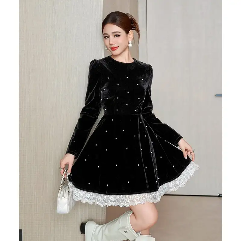 ワンピース ビロード 長袖 Aライン ブラック