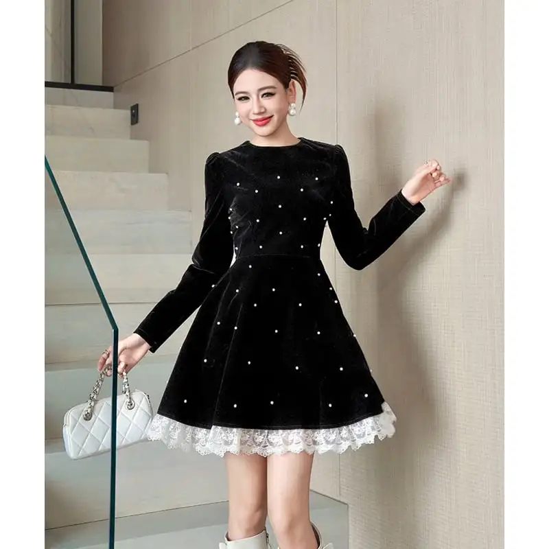 ワンピース ビロード 長袖 Aライン ブラック