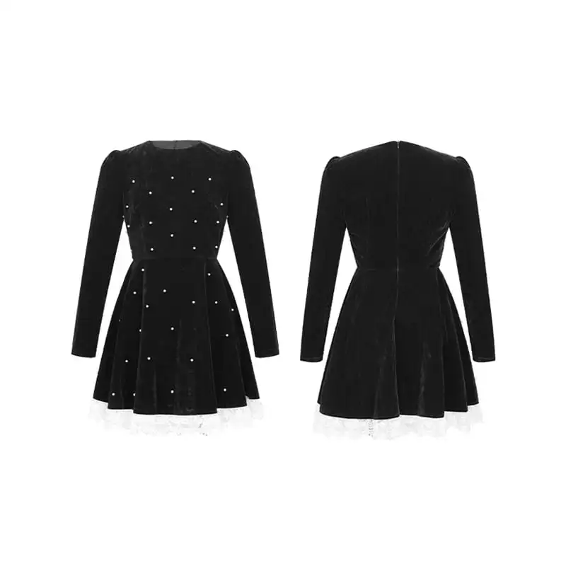 ワンピース ビロード 長袖 Aライン ブラック