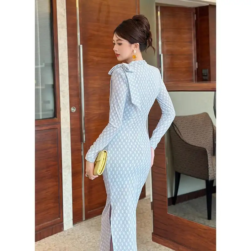 ワンピース 花柄 スリット 長袖 ブルー